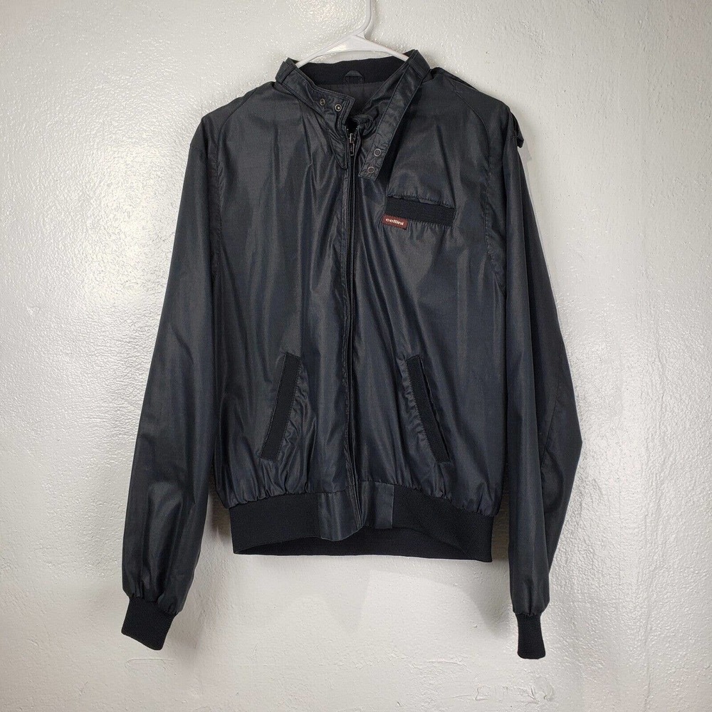 Mens Medium Cellini Collection Black Windbreaker Members Style Jacket Moto